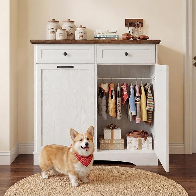 39.7’’W Dog Feeding Station, Tilt-Out Dog Food Cabinet for Multi-Pets, Pet Feeder Station with 4 Feeding Bowls, Dog & Cat Storage Organizer with Hanging Rod, (White, Dual Doors)