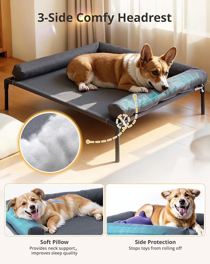 Cooling Elevated Dog Bed, 26.8x34 Raised Dog Bed with Removable Bolster Cushion, Breathable Mesh, Non-Slip Feet, and Metal Frame for Medium Breeds Indoor Outdoor | Raised Dog Bed with Removable Bolster Cushion, Sturdy Metal Frame, Non-Slip Feet, for Me...