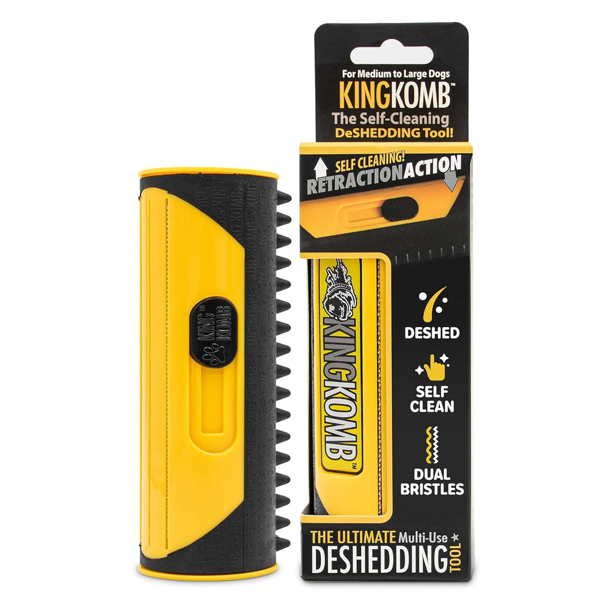 King Kanine Pet Grooming Brush, Self Cleaning Deshedding | Multi-Use Tool for Dogs, Cats & Horses for All Life Stages | Brush Pet for Grooming and Loose Hair | Perfect for Medium & Large Coats