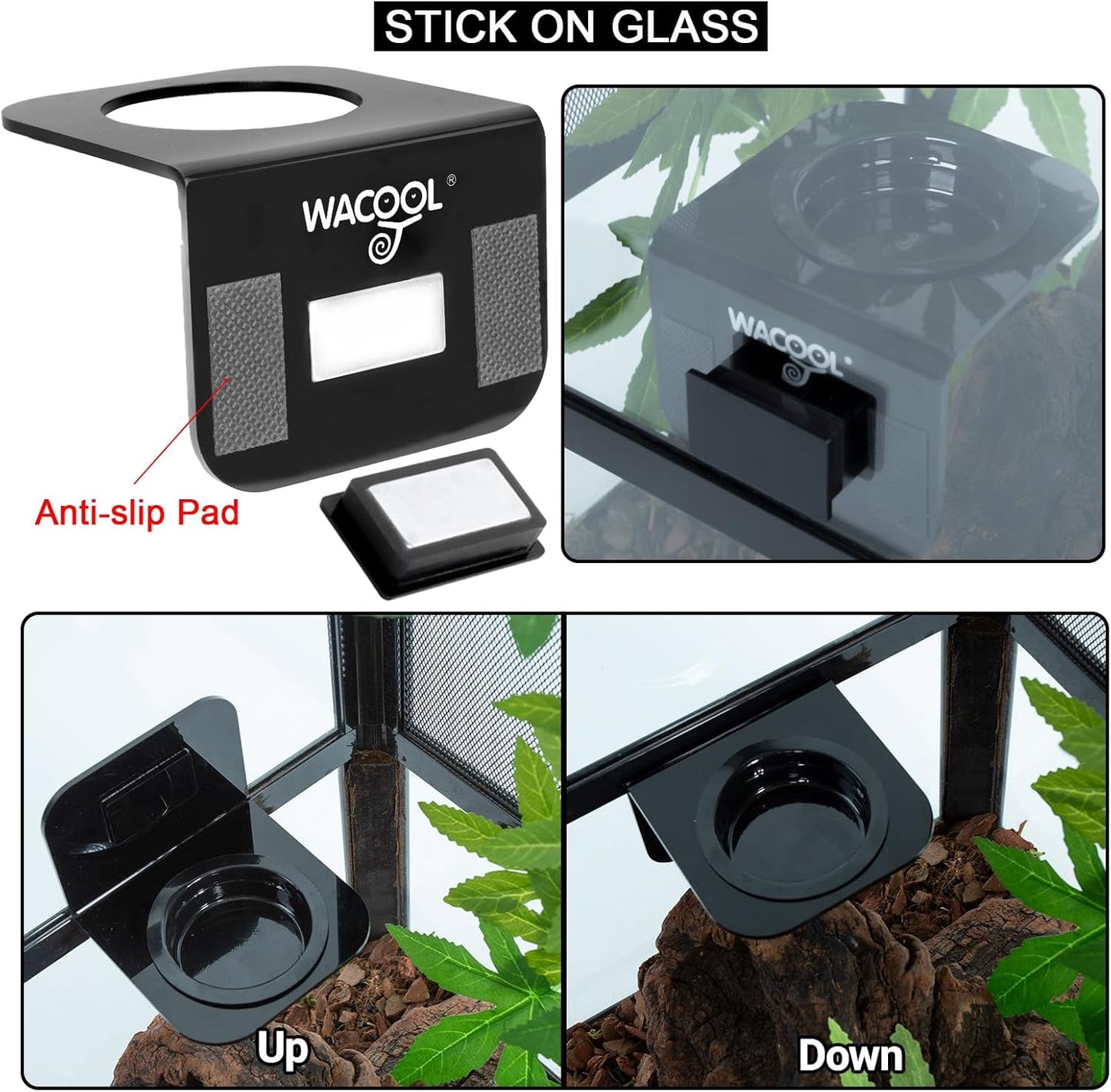WACOOL Magnetic Reptile Ledge 2PACK, Acrylic Gecko Feeding Ledges with 6PCS Cups, Reptile Food Water Feeder Dish for Geckos Iguana Chameleon Pets