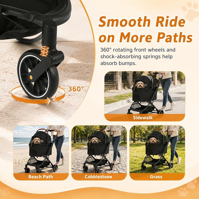 Pet Stroller for Small Dogs and Cats, Detachable Dog Cat Stroller with All-Terrain Shock Absorbing Wheels, One-Click Foldable Design, Adjustable Canopy (Gray)