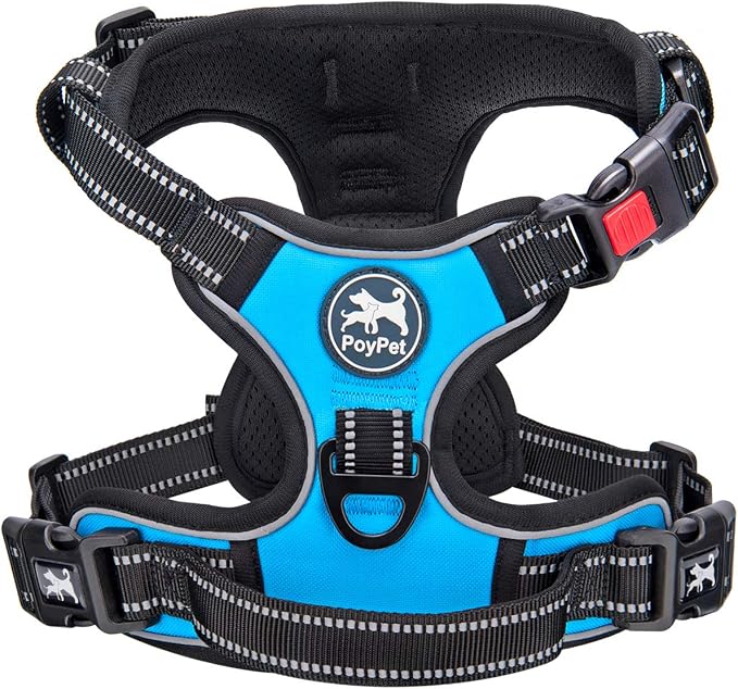 PoyPet No Pull Dog Harness Medium with Front Clip & Neck Release Buckle | No Choke, Adjustable Vest, Reflective, Back Clip, Lockable, Soft Padded, Easy Control Handle for Walking Training, M, Blue