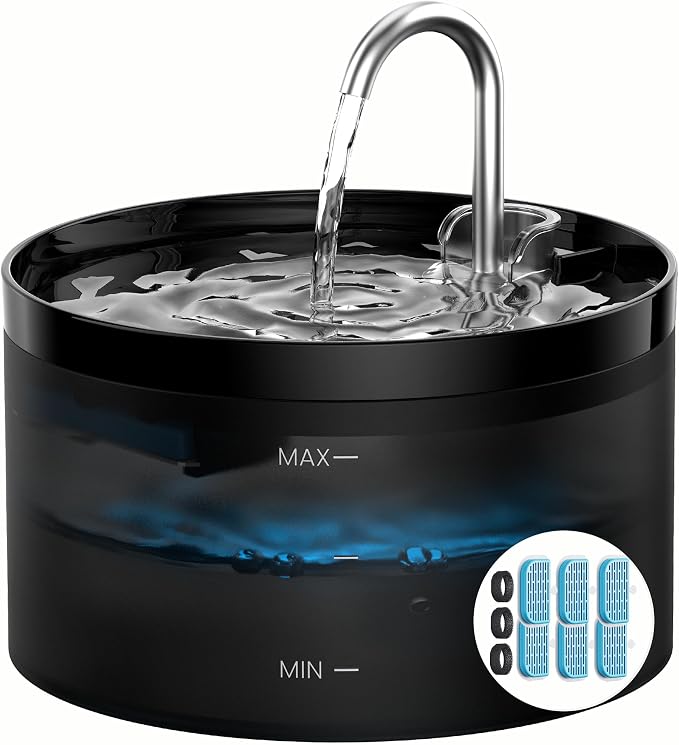 Cat Water Fountain Pet Fountain: 67oz/2L Cat Water Dispenser - Black Pet Dispenser - Faucet Dog Bowl - with 6 Filters + 3 Sponges - GIOTOHUN