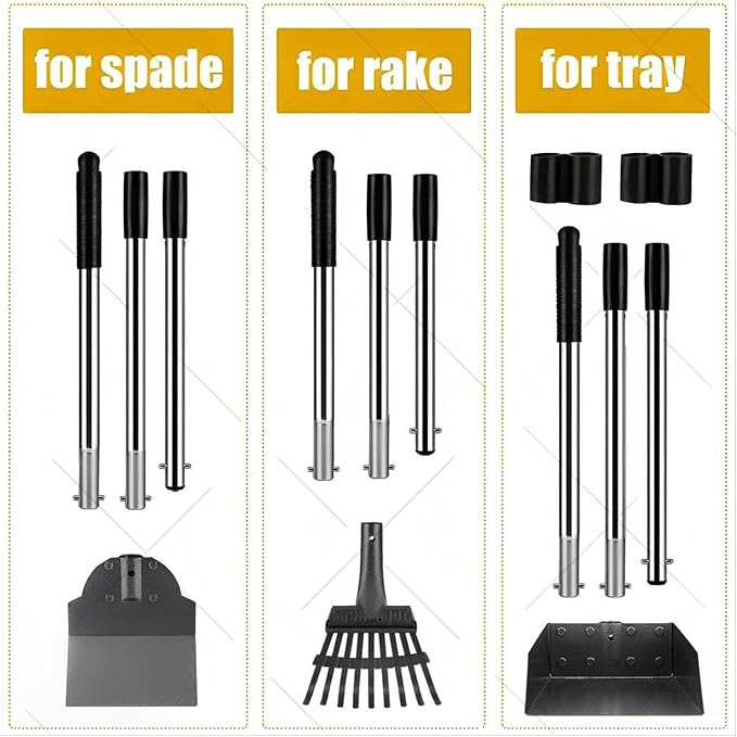 Dog Pooper Scooper Long Handle Adjustable, No Bending (Black) | Heavy Duty Stainless Steel Rake with Tray and Spade Set, Anti Stick, Easy Cleaning, for Grass, Dirt or Gravel