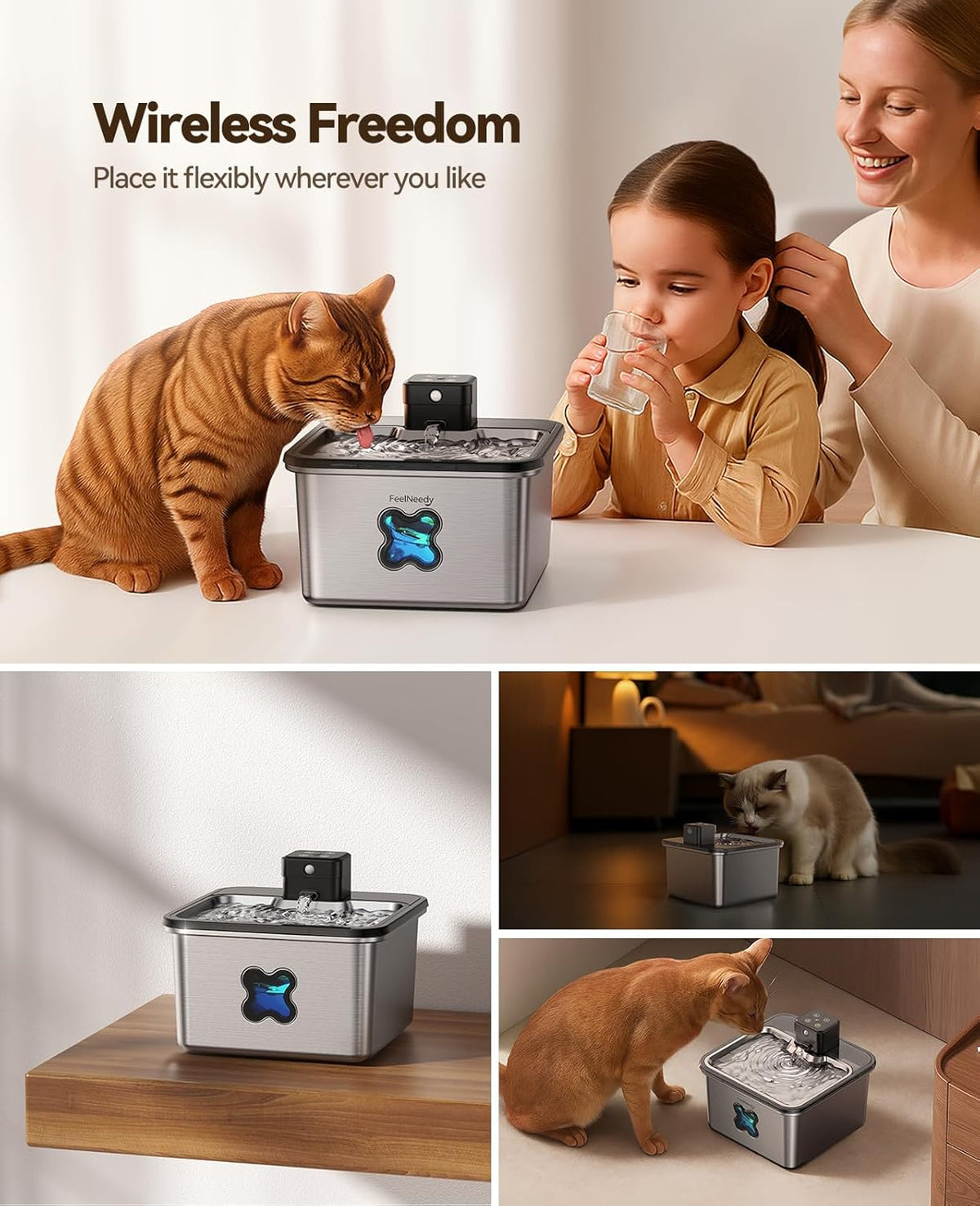 Cat Water Fountain Stainless Steel, FEELNEEDY Visual Filter Automatic Pet Water Fountain for Cats & Dogs Dispenser, Cordless Battery Operated Water Fountain for Cats Indoor - 3.2L/108oz
