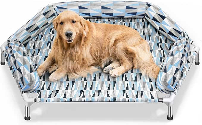 Elevated Dog Bed with Bolster, Raised Cooling Orthopedic Dogs Cot X-Large | Hexagon Outdoor Dog Bed with Metal Frame for Up to 130 lbs, Portable Dog Hammock for Patio Camping, Breathable Off the Ground