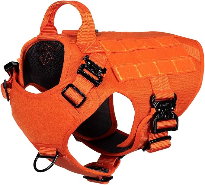 ICEFANG Tactical Dog Harness for Medium Dogs,Full Metal Buckles Dog Vest | with MOLLE, Reflective,Adjustable,2 Leash Clips,Control Handle,No Pull,Soft Padded,Orange,Medium