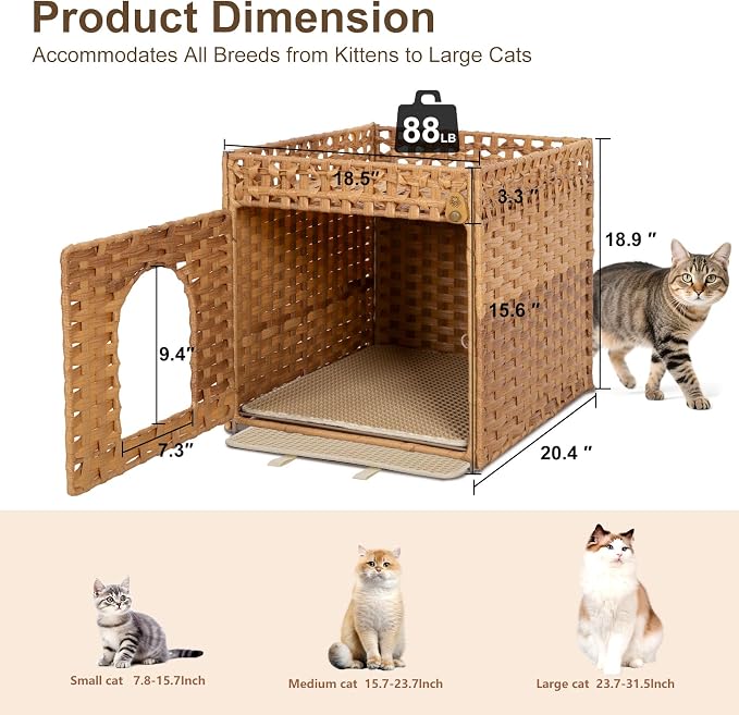 Handwoven Rattan Cat Litter Box Enclosure Furniture - Hidden Cabinet with Odor-Control Mat, Anti-Spill Fence & Secure S-Hooks for Living Room/Bedroom, 18.2"x18.2"x24.5" (Natural)