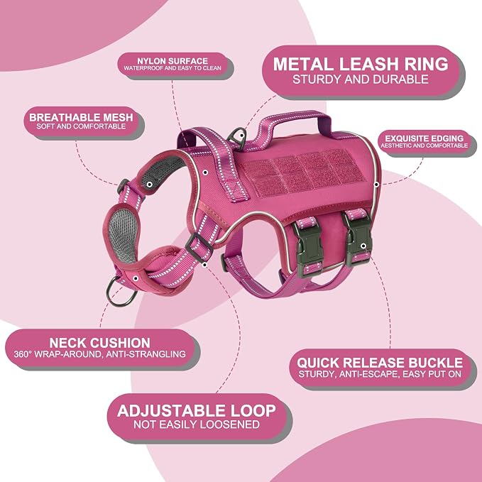 Dog Harness Medium Sized Dog, No Pull Dog Vest with Molle System | Tactical, Easy Control With Handle, Breathable Soft Padded, Adjustable, Reflective, No Choke for Walking, Pink Medium