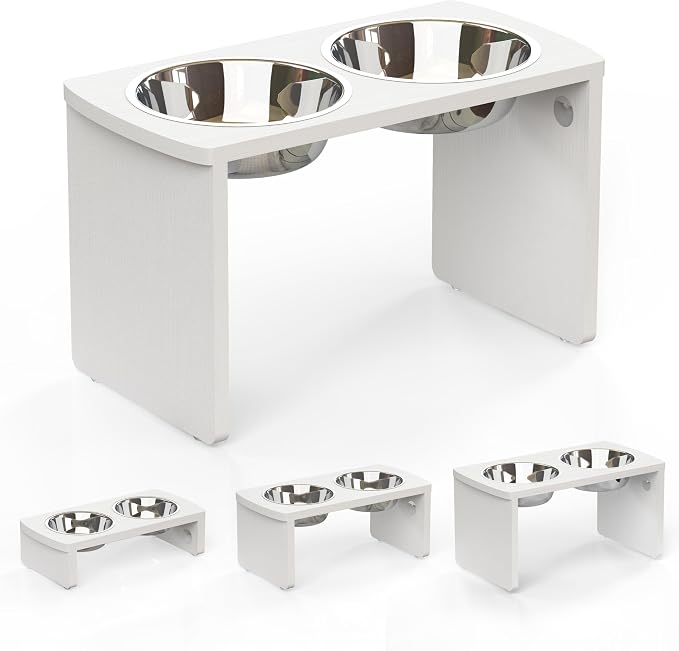 Elevated Dog Bowls, Waterproof Raised Dog Bowl for Medium & Large Dogs, HIPS Poly Lumber Stand with 2 Stainless Steel Bowls, Indoor & Outdoor Use (13'' Tall–68 oz Bowl, White)
