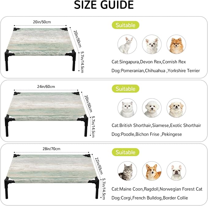 Outdoor Elevated Dog Bed for Large Dogs, Sage Green Grey Breathable Cooling Raised Dog Cot for Indoor/Outdoor, Farmhouse Gray Barn Wooden Vintage Striped Waterproof Elevated Pet Beds, L 28 x 22 in