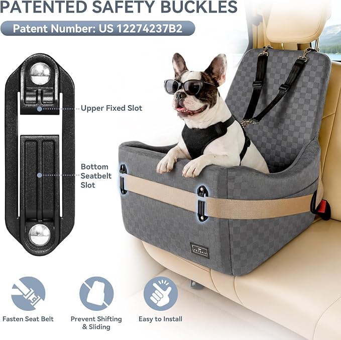 PETSFIT Pet Car Seat with Patented Safety System, 5" Elevated Cushion | Fully Detachable Washable Cover, Memory Foam Dog Booster Car Seat for Small/Medium Dogs Up to 35 Lbs with Safety Belt