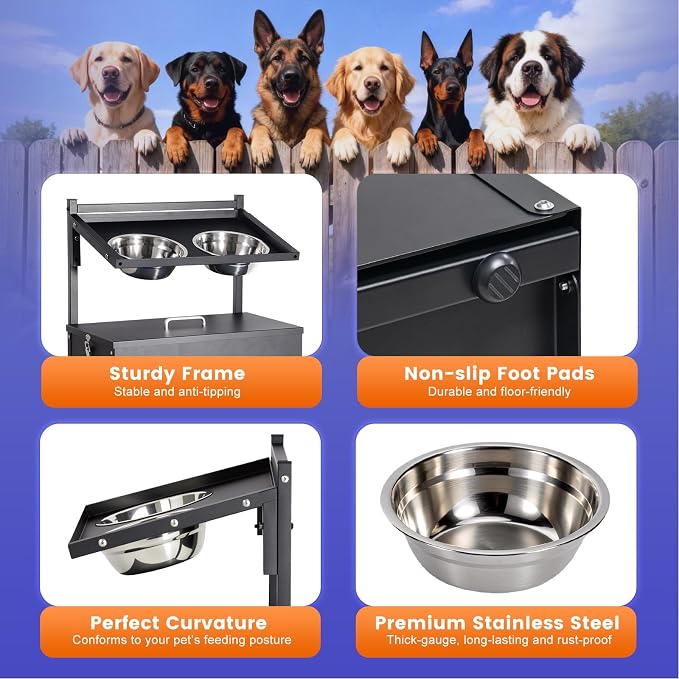 Elevated Dog Water Bowl with Storage Box Large Breed, 3 Adjustable Height | Raised Dog Bowl with Stand, Stainless Steel Pet Food Bowl & Water Bowl Indoor & Outdoor Use, Easy Clean