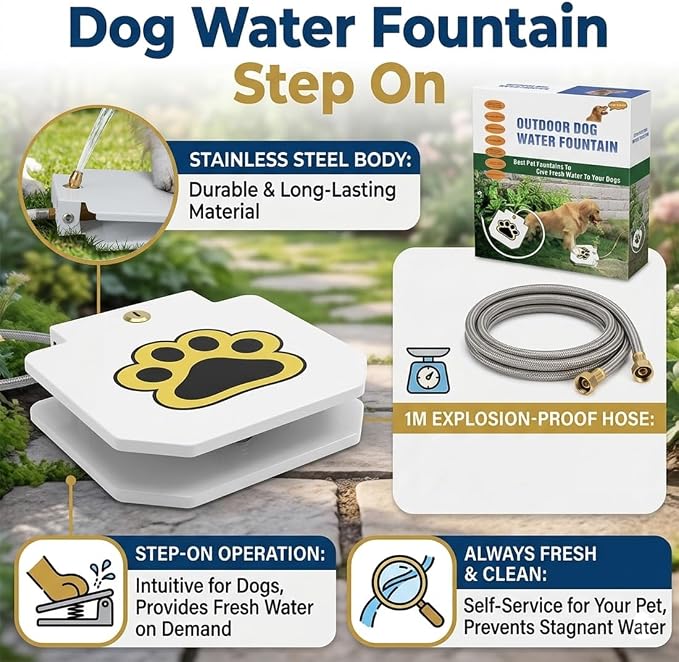 Dog Water Fountain, Outdoor Step on Paw Activated Dog Sprinkler, Interactive Water Toy, for Large Dogs, with Upgrade Leakproof Copper Valve and Heavy Duty Hose Splitter (1PC)