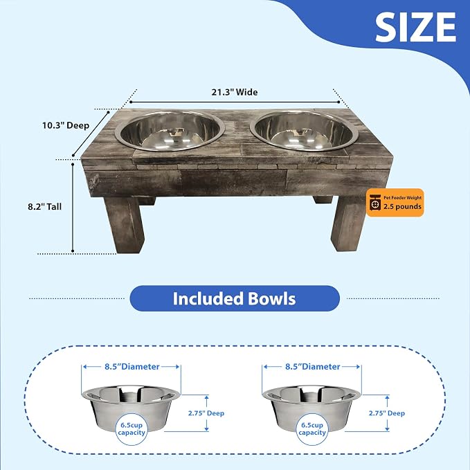 Pet Berjen Table Elevated Double Bowl Pet Feeder, Brown Wash (Large) (02189)