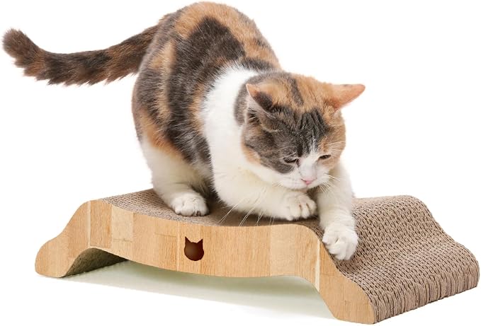 Necoichi Cardboard Cat Scratcher Couch for Indoor Cats - Cat Scratching Board, Horizontal Cat Scratch Pad Lounger with Reversible Usability and Extra Comfort for Lounge, Curved (17" Regular, Oak)