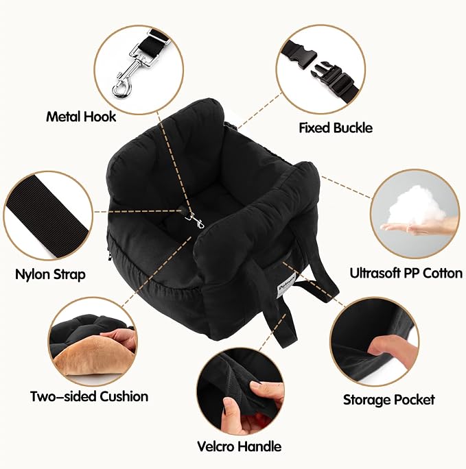 Dog Car Seat for Small Dogs, Portable Puppy Car Seat of Easy Installation, Fashionable Pet Carrier Bag with Large Pockets, Machine Washable Dog Booster Seat (Black)