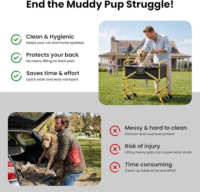 Foldable Dog Bath Cart for Dirty Outdoor Dogs,Adjustable Height pet Bath Cart for Small and Medium Dogs(5-55 lbs) and Cats,Four-Wheel Bathing Cart with Brake,No Need to Carry Your Muddy Pup Home