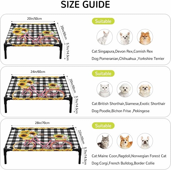 Outdoor Elevated Dog Bed for Medium Dogs, Sunflowers Bicycle Breathable Cooling Raised Dog Cot for Indoor/Outdoor, Summer Budding Botanical Floral Lattice Waterproof Elevated Pet Beds, M 24 x 20 in
