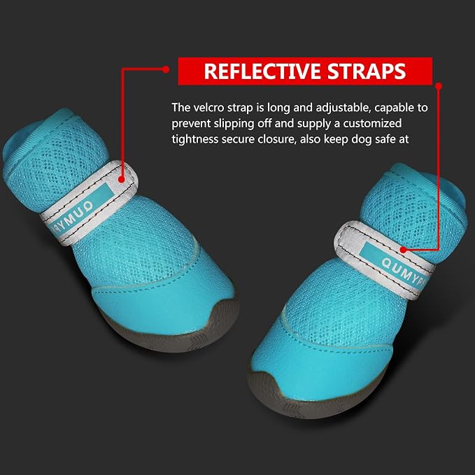QUMY 4PCS Dog Shoes for Small Dogs, Hot Pavement Summer Puppy Dog Boots & Paw Protectors with Soft Anti-Slip Rubber Sole, Mesh Breathable Dog Booties for Hardfloors, Walking Running Blue Size 4