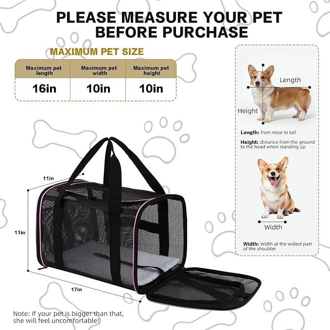 Cat Carrier Soft-Sided Dog Pet Carrier Pets Travel Carriers for Big Cats Small Dogs Mesh Puppy Carry Bag,TSA Airline Up to 16 Lbs (Pink, 17 * 11 * 11)