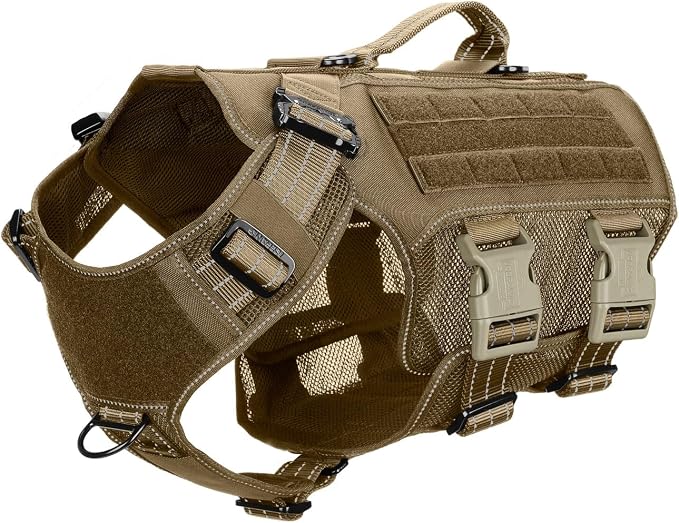 ICEFANG Tactical Mesh Dog Harness for Large Dogs,Reflective Dog Molle Vest | Summer-Cooling, Control Handle,Adjustable,Front Hook,3 Leash Clips,Soft Padded,No Pull,Brown,Large