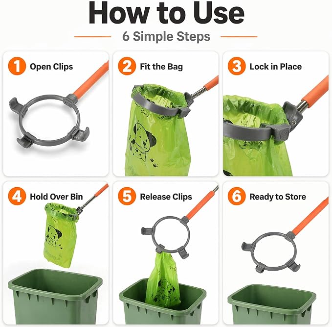 Dog Pooper Scooper with Bags, Long Handle No-Touch Dog Waste Picker Tool | With 30 Rolls Poop Bags, 47 Inch Extendable Handle, No Bending Cleanup, Portable Pooper Scooper for Yard, Walks and Travel