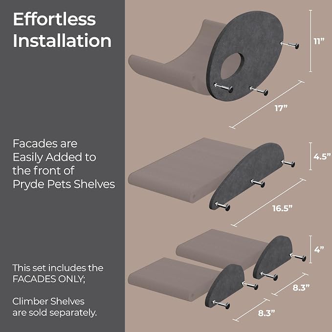 Accessory ADD-ON Set of 4 Facades Covers Compatible with Cat Wall Shelves by Pryde Pets - 100% Sustainable PET Felt - Climbers Sold Seperately - Cats Shelf Privacy and Safety Bumpers (Charcoal)