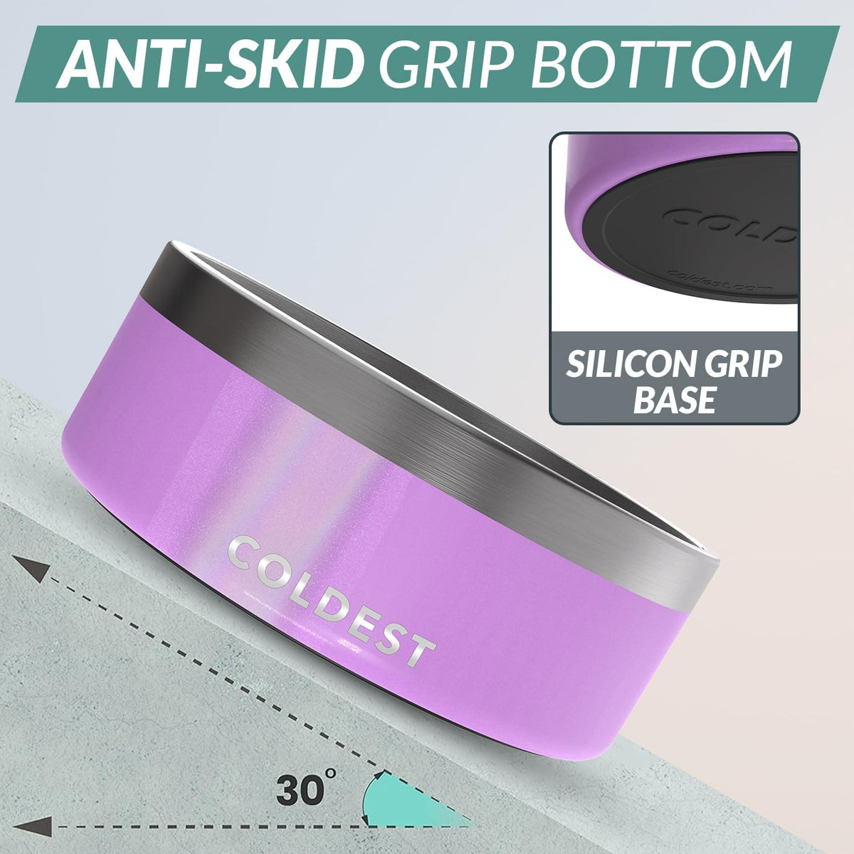 Coldest Dog Bowl - Anti Rust Metal, Non Slip, 3 Layers Insulated Stainless Steel Dog Bowls - Spill Proof & Heavy Duty - Water Bowl for Dogs, Cats, Dish Washer Safe (64 oz, Saturns Purple Glitter)