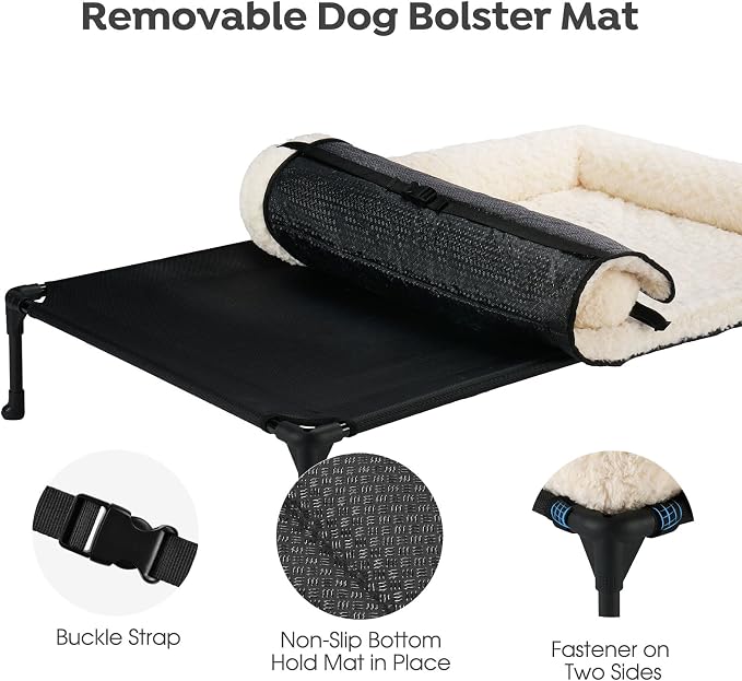Veehoo Orthopedic Elevated Dog Bed Add Removable Deluxe Rose Plush Bolster Cushion Mat, 35" x 22" Washable Dog Couch Bed, Raised Pet Cot with Breathable Teslin Mesh, No-Slip Feet, White, CWC2439B
