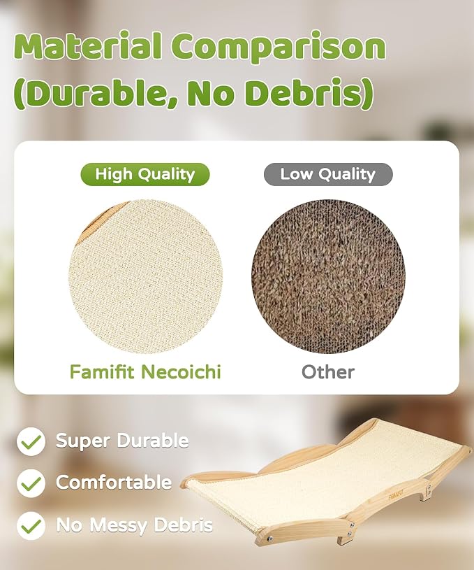 34" Extra Large Cat Scratcher Bed, Natural Sisal Lounge Cat Furniture | Scratch & Rest Design with Wooden Frame, Natural Sisal Scratching Surface, Cozy Lounge Chair for Indoor Cats