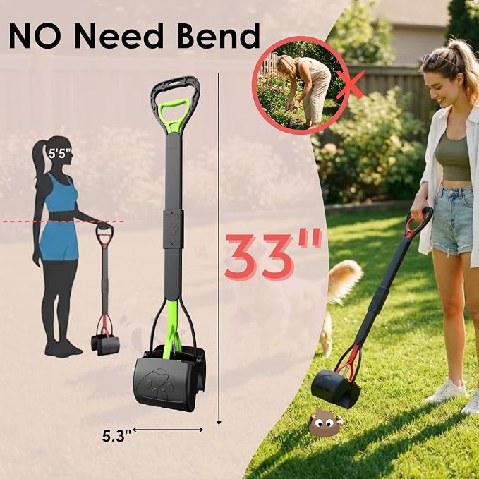 33" Pooper Scooper 2 Pack, XL Tall Handle No Touch Dog Pooper Scooper for Large Small Dogs, Durable Spring & Lightweight, Large Pooper Scooper for Dogs Heavy Duty, Portable Dog Poop Pick Up Tool