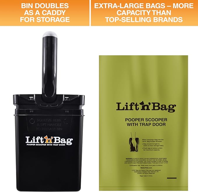 Neater Pet Brands Lift N’ Bag 2.0 Dog Pooper Scooper with Bag Attachment for Small to Large Dogs, New & Improved Design, 60 Refill Bags, Heavy Duty Dog Poop Scooper for Yard & Walks, One-Hand Use