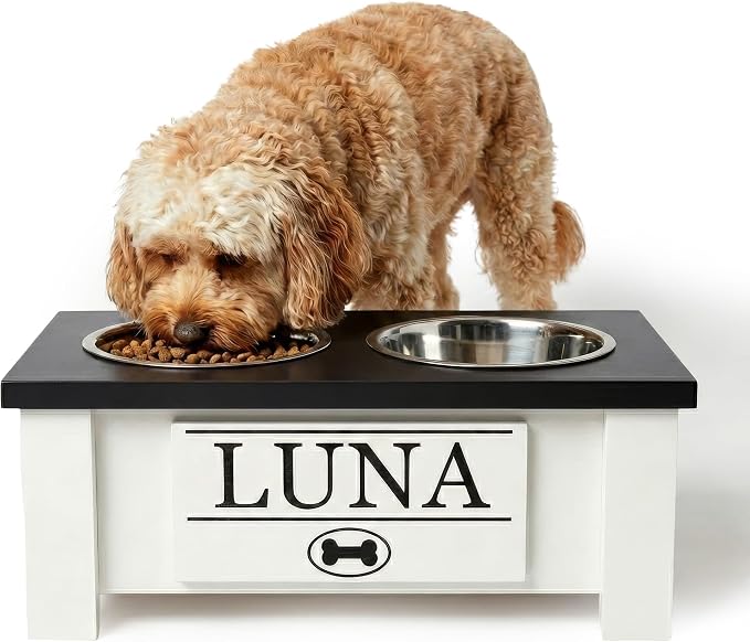 Elevated Dog Bowls for Small Dogs, Personalized Food Stand for Small Breed | Farmhouse Style, Elevated Wood Stand, Storage Container, Stainless Steel Bowls, Raised Anti-Slip Feeder, Made in USA