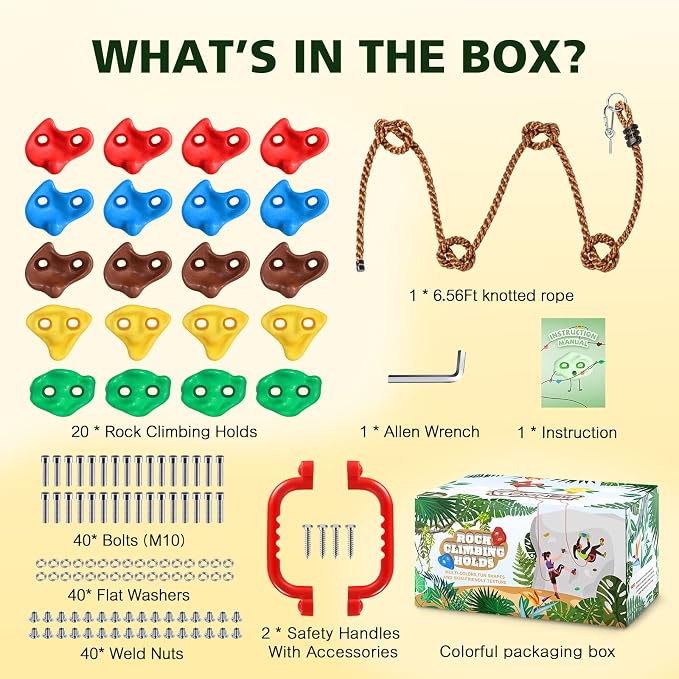 TOPNEW 20 PCS Rock Climbing Holds for Kids, Rock Wall Holds with 6.56 Ft Climbing Rope and 2 Handles, Rock Wall Climbing Kit for Indoor and Outdoor Playset - Includes Mounting Hardware