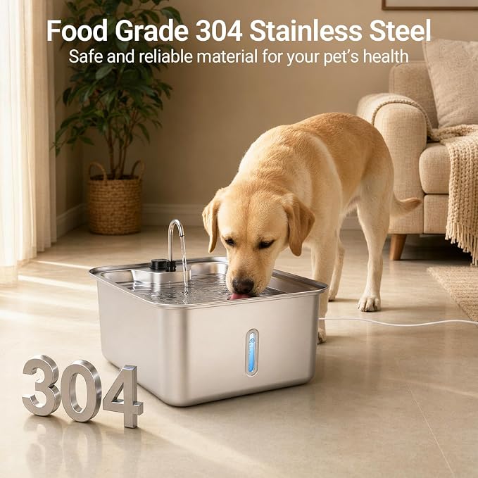 Cat/Large Dog Water Fountain, 4.5Gal/17L Quiet LED Blue Light Stainless Steel Pet Water Fountain for Large Dogs Indoor with 3 Replacement Filters, Multi-Filtration & Deeper Drinking Surface