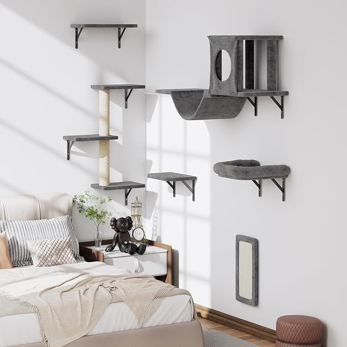 11-in-1 Cat Wall Shelves Cat Climbing Furniture with Wall Mounted Perch & Lounge for Indoor Cats, Space-Saving Cat Climbing Wall Systems, Dark Gray