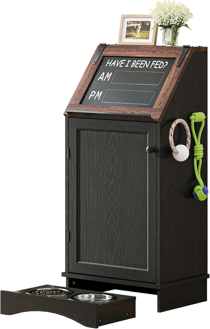 FIMELLO Dog Feeding Station with Storage, Dog Food Cabinet with 2 Hidden Feeding Bowls, Flip-Top Pet Storage Cabinet, Pet Food Holder, Black Grain