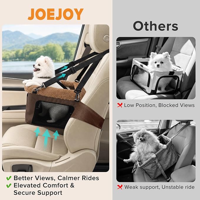 JOEJOY Deluxe Dog Booster Seat with Sturdy Metal Frame and Safety Leash for Small Pets up to 20 lbs - Portable Puppy Dog Car Seat with Thick Cushion and Storage Pockets for Small Dogs, Brown