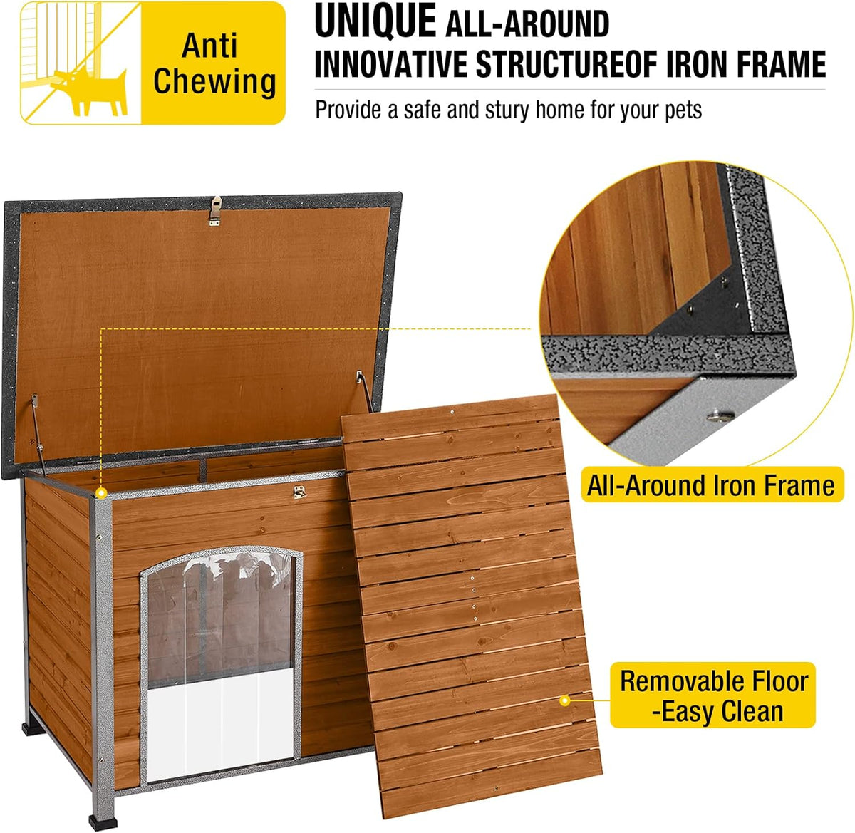 Aivituvin Dog House Outdoor & Indoor Wooden Dog Kennel for Winter with Raised Feet Weatherproof for Small & Medium & Large Dogs,Unique All-Around Iron Frame…