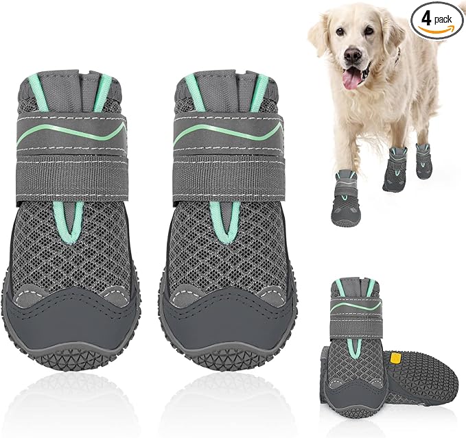 SlowTon Dog Shoes for Large Small Medium Dogs - Breathable Dog Boots for Summer Hot Pavement, Paw Protector for Outdoor Walking Winter Snow, Anti-Slip Rubber Dog Booties for Hardwood Floor (GY, 7)
