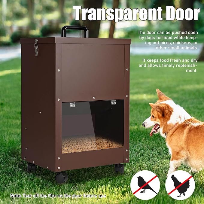 45Lbs Automatic Dog Feeder Large Breed, Easy to Move with Wheels | Large Capacity Outdoor Gravity Dog Feeder, Galvanized Metal Self Feeding Dog Food Dispenser with Clear Door