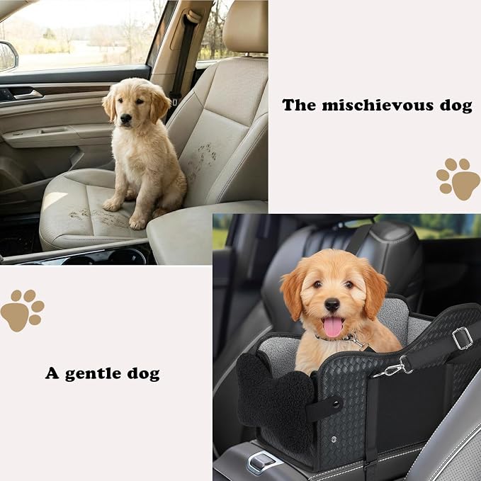 Dog Car Seat for Small/Medium Dogs Under 15 lbs with 2 Replaceable Dual-Sided Summer/Winter Cushions, Portable Booster & Pet Bed for Back & Front Seat Travel, Carrier with Leash Clip