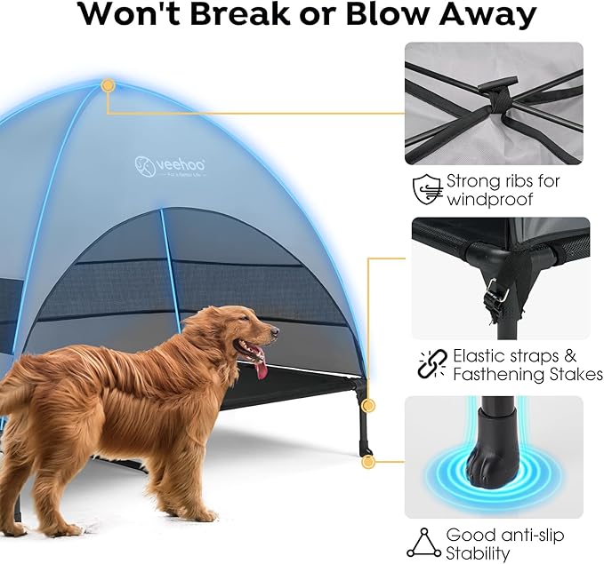 Veehoo Outdoor Dog Bed with Canopy, Cooling Elevated Dog Shade for Outside | Portable Raised Dog Cot with Removable Shade, Sun Protection Dog Tent Outdoor for Camping, Beach, 49" x 43.5", Black