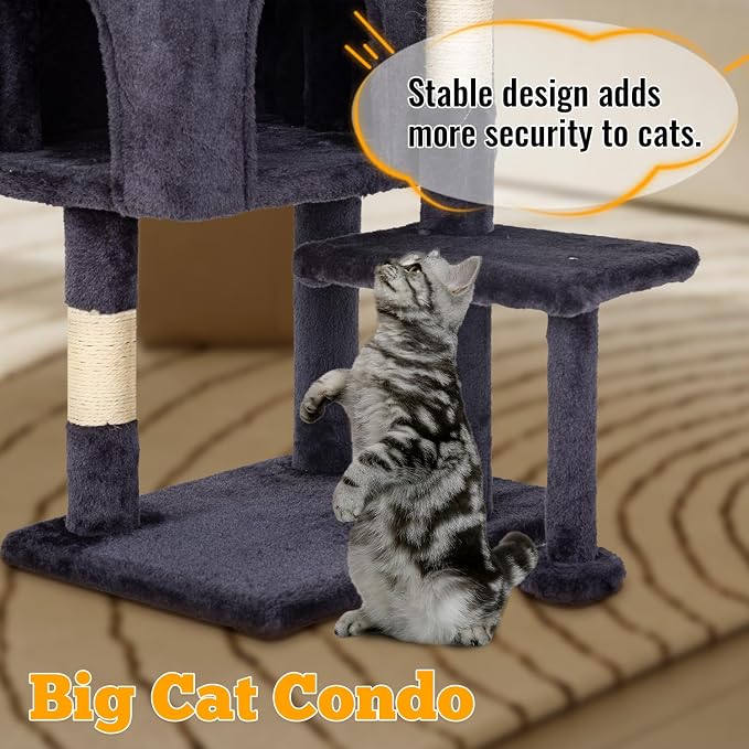 FDW | 37.8" Cat Tree Tower | Dark Gray | Multi-Level Indoor Activity Center with Sisal Scratching Posts, Condos, Plush Perches, Hanging Cat Toys | Sturdy, Easy to Assemble | for Kittens & Adult Cats