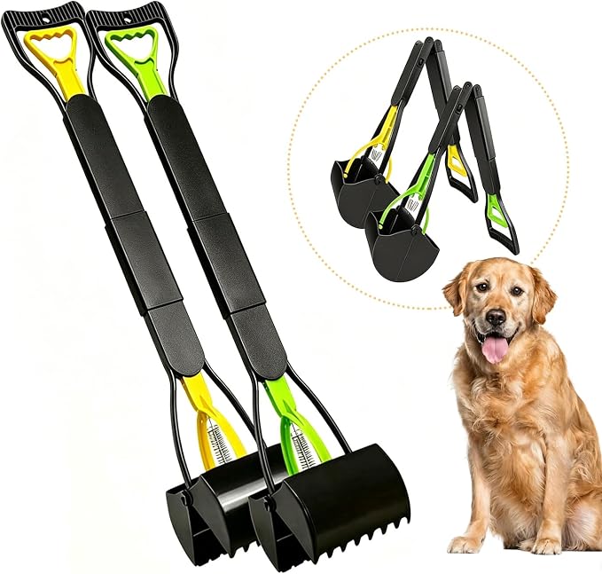32" Dog Pooper Scooper, 2 Pack XL Tall Poop Scooper for All Kinds of Dogs | Durable Spring, Lightweight, Portable, Foldable, Long Handle, One-step Assembly, No Touch Pooper Tool for Yard, Grass, Gravel