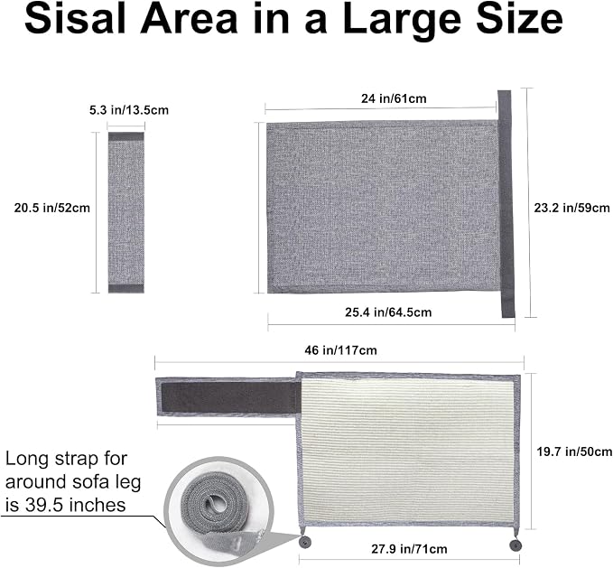 Upgraded Cat Scratch Furniture Protector,Cat Scratch Sofa Arm Sheild with Large Size Natural Sisal for Protecting Couch Sofa Chair Furniture 27.6''L*19.6''W (Light Grey/Left Handed)