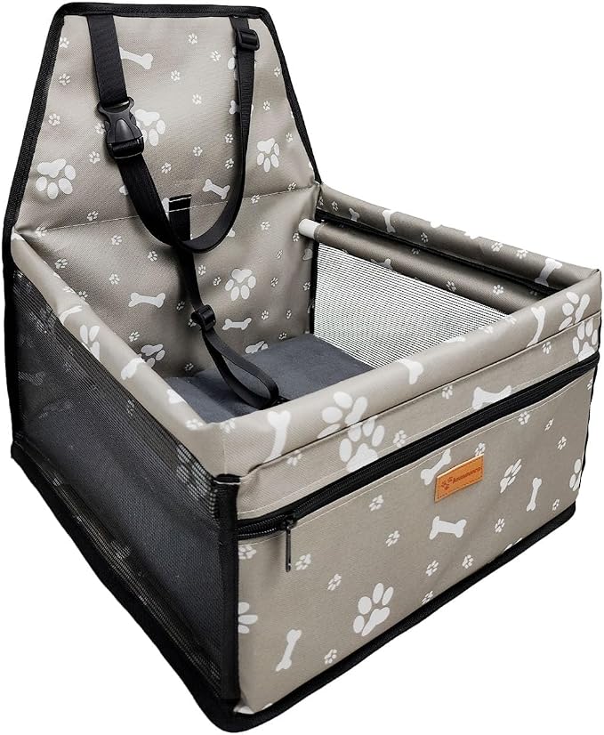 Pet Dog Booster Seat, Upgrading the Framed wall to Prevent Collapse，Breathable and Foldable Pet Car Basket，Removable andWashable pet car seat (Grey Footprints)