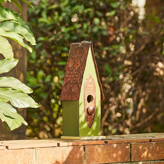 Glitzhome Bird Houses for Outside, 13.25" H Distressed Green Solid Wood Bird House Pet Cottage Hand Painted Hanging Bird House for Outdoors