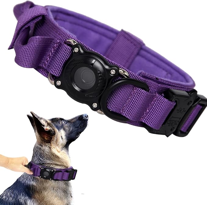 AirTag Dog Collar for Large Dogs Tactical Dog Collar with AirTag Holder | Upgrade Waterproof,Control Handle,Quick-Release Metal Buckle,1000D Nylon Fabric,Soft-Padded Webbing,Velcro Patch(Purple,XXL)
